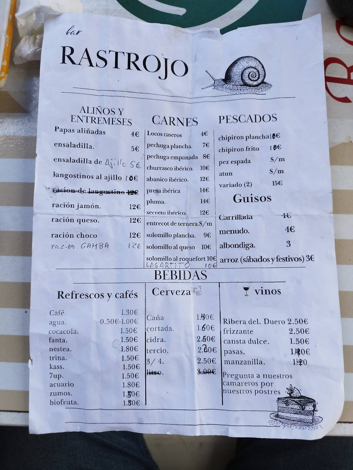 Bar Rastrojo меню