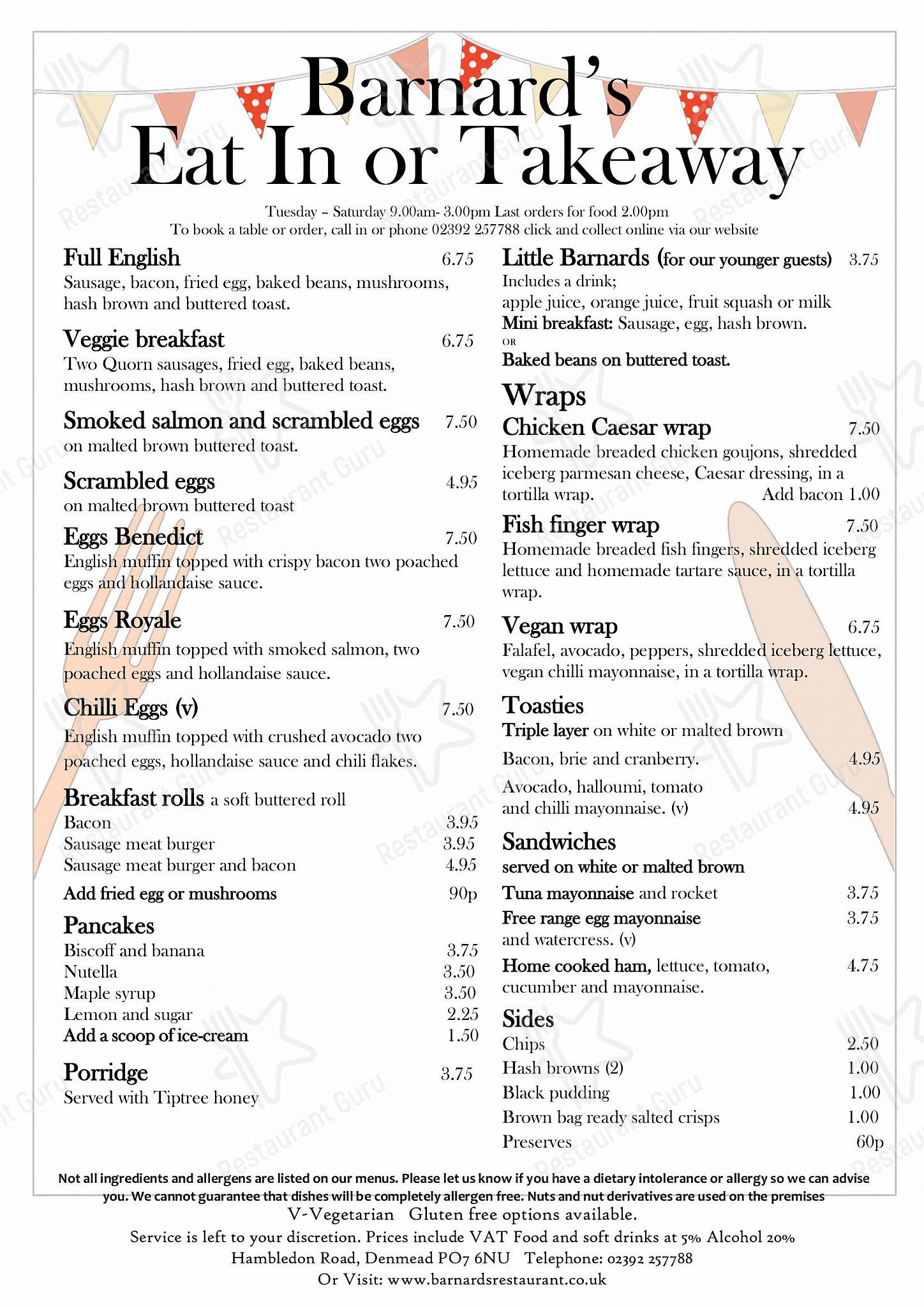 Меню ресторана Barnard's Restaurant - SAMPLE FOOD MENU