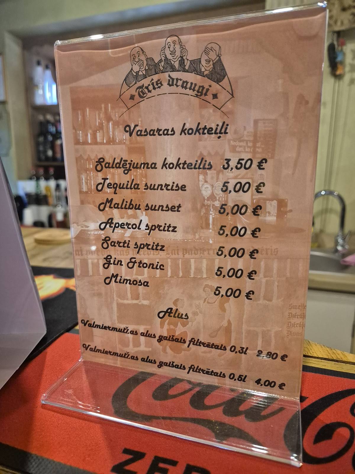 Bārs "Trīs Draugi" меню