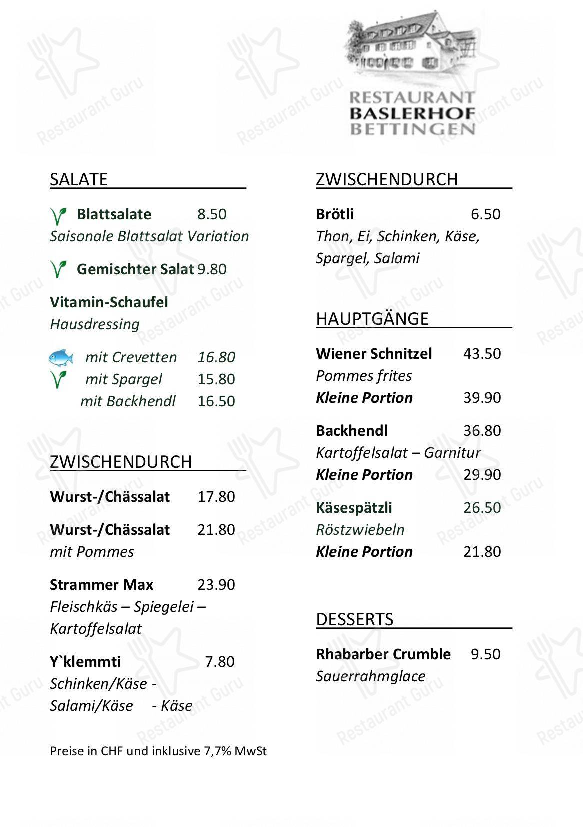 Wine Menu ресторана Restaurant Baslerhof Bettingen в Беттингене