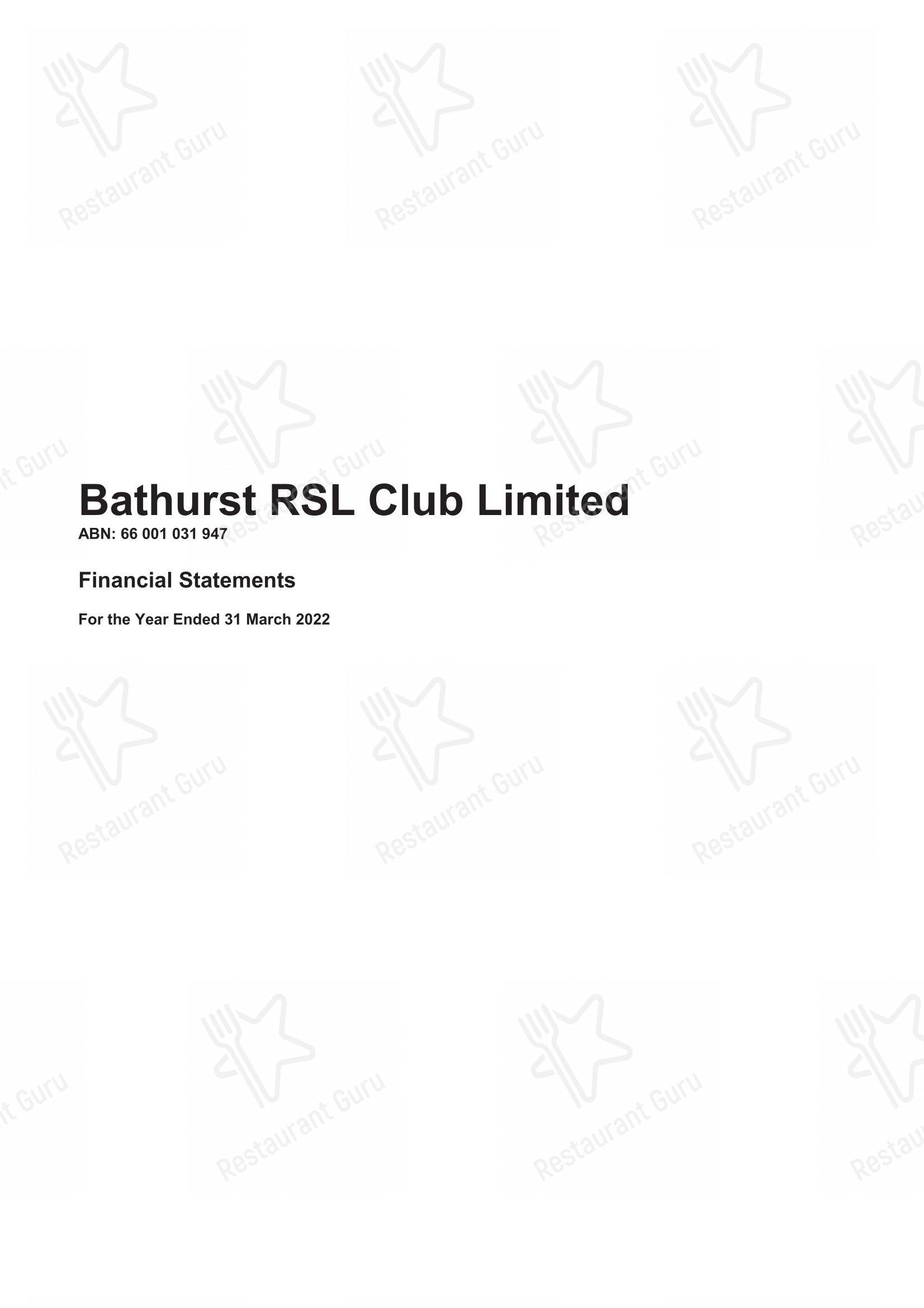 Меню клуба Bathurst RSL - Меню