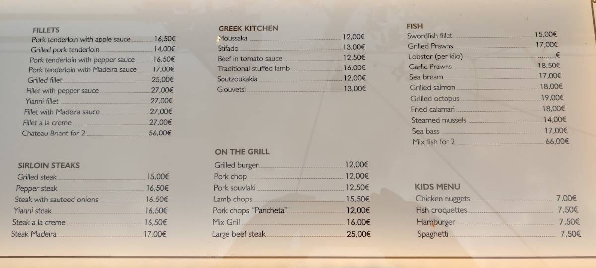 Blue Note Restaurant, Kos меню