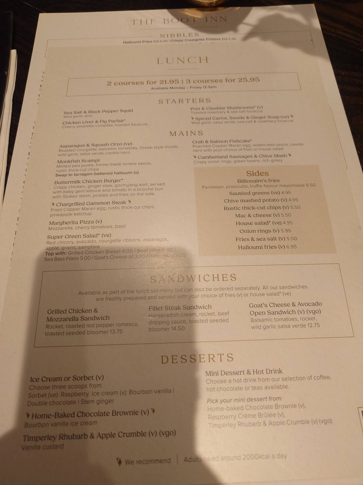 Boot Inn Studley меню
