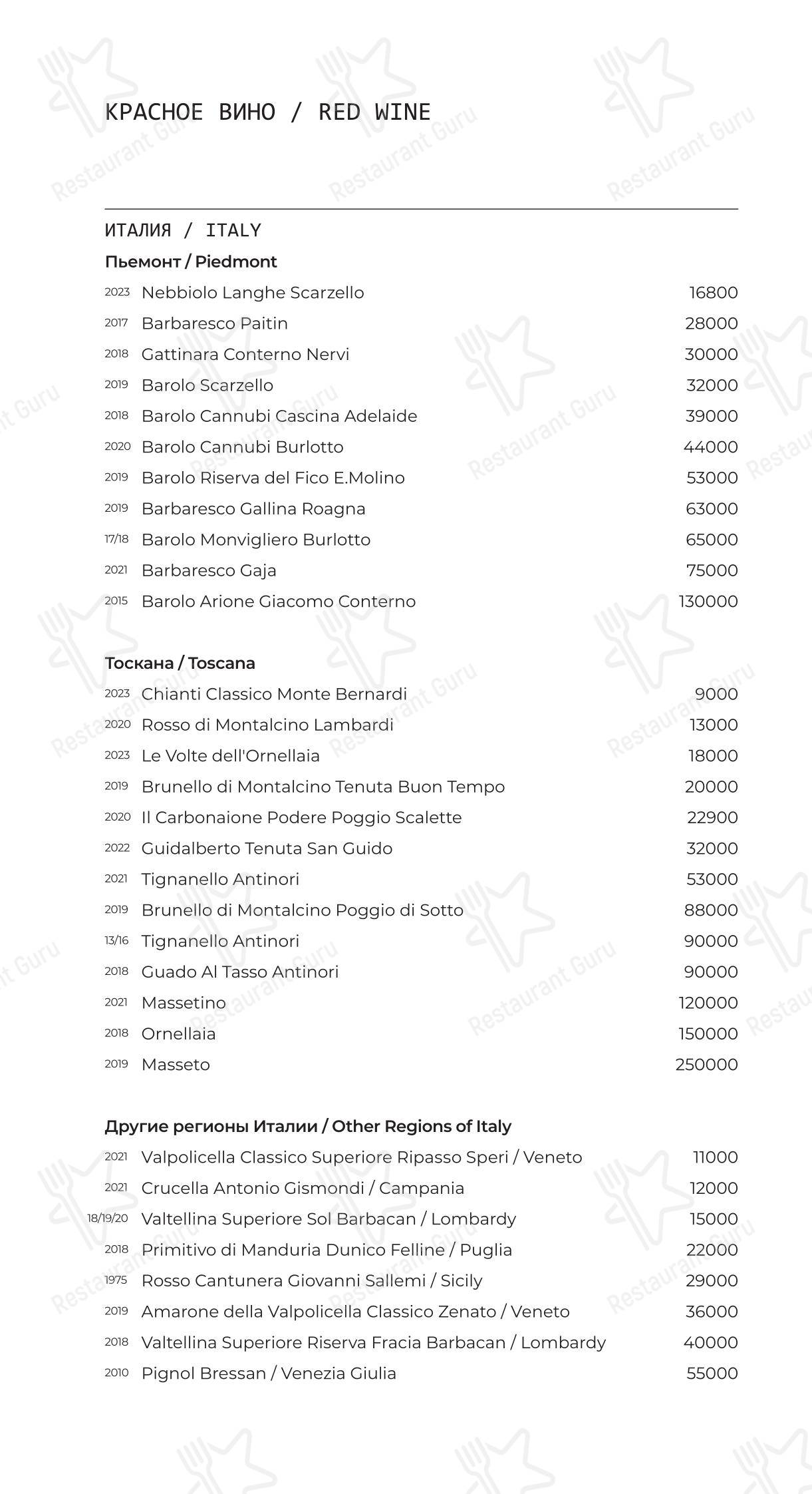 Dinner Menu ресторана Bruno в Москве