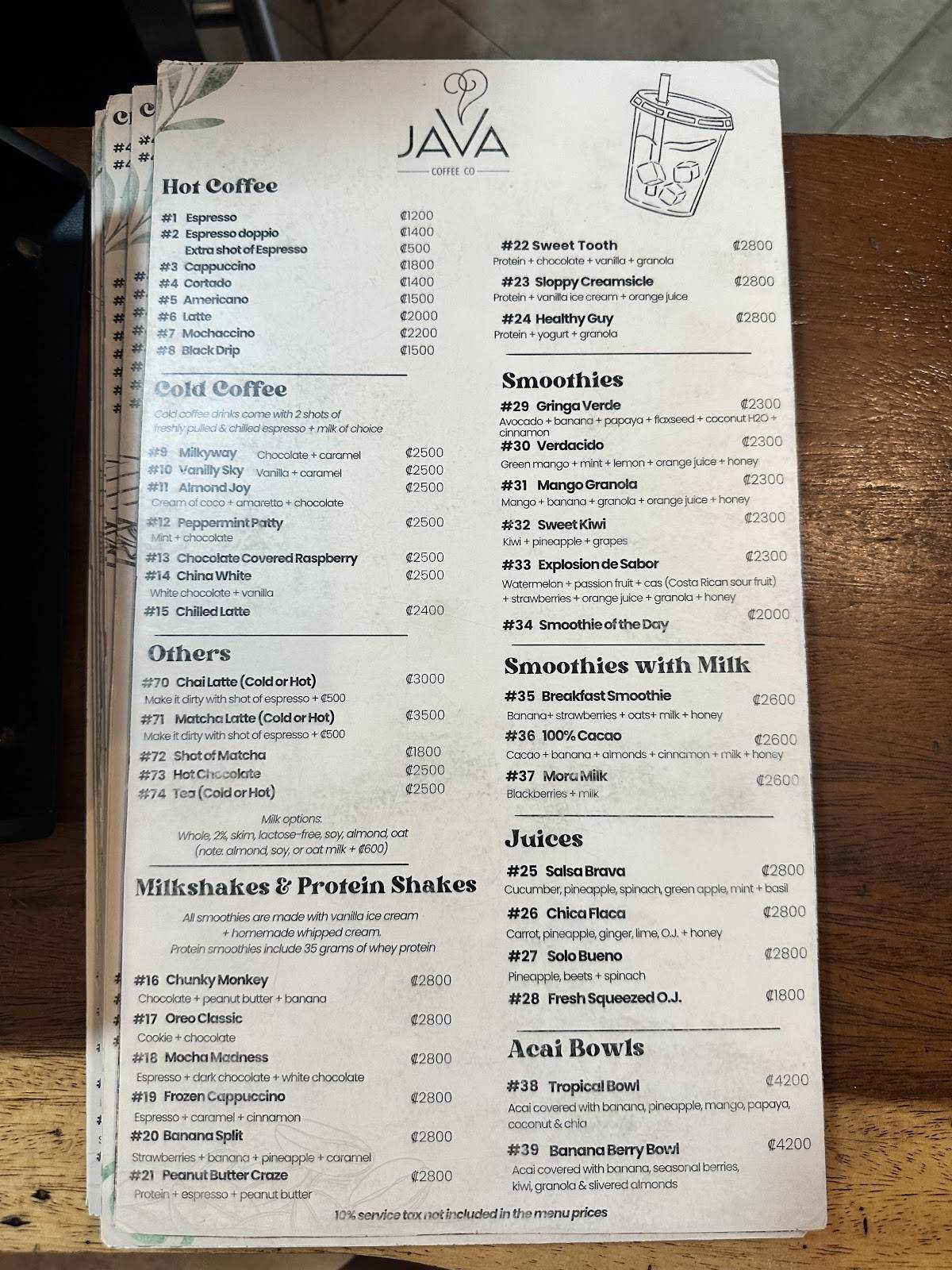 Java Coffee меню