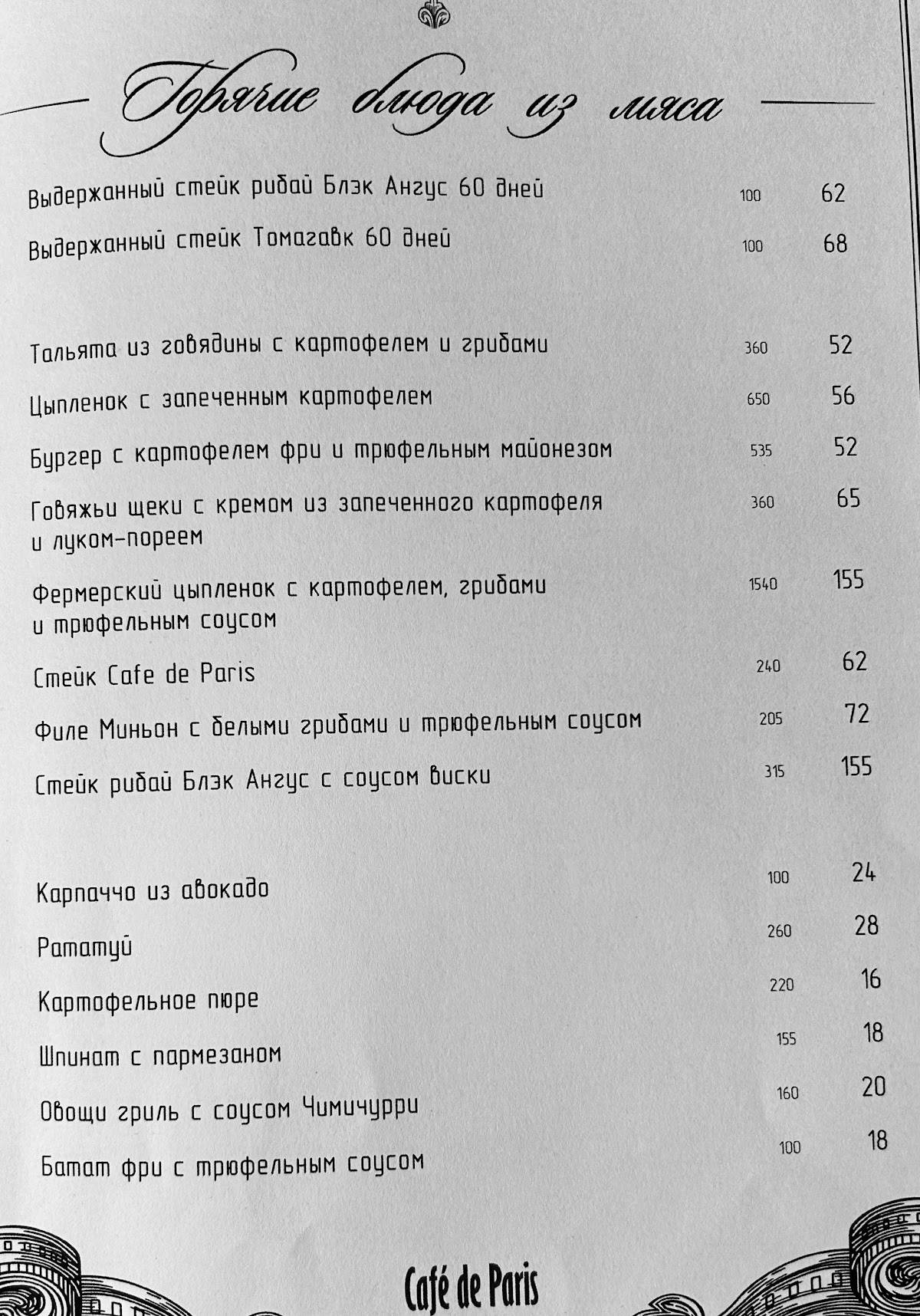 Cafe de Paris меню