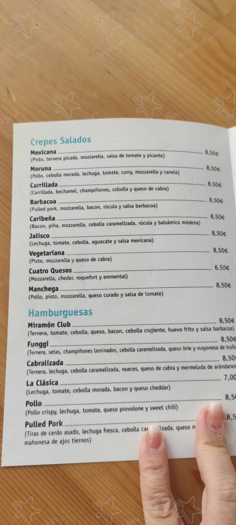 Меню для посетителей паба и бара Cafetería Miramón