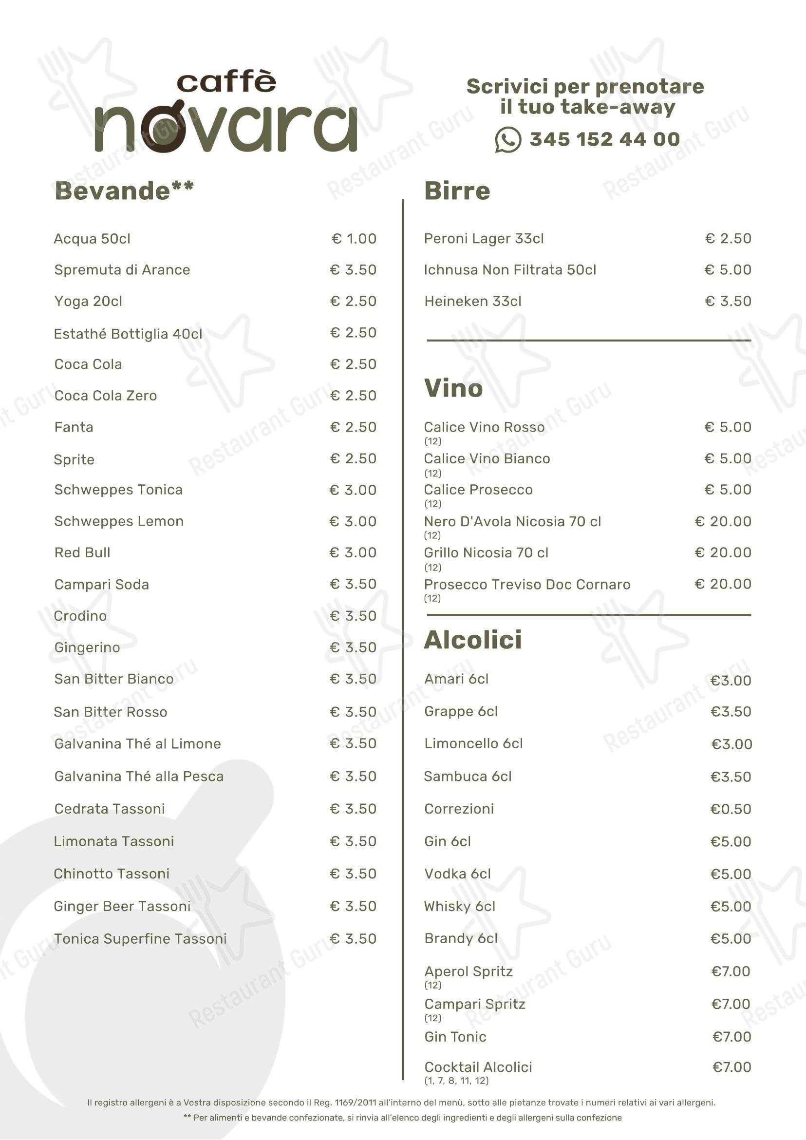 Меню паба и бара Caffè Novara - Меню