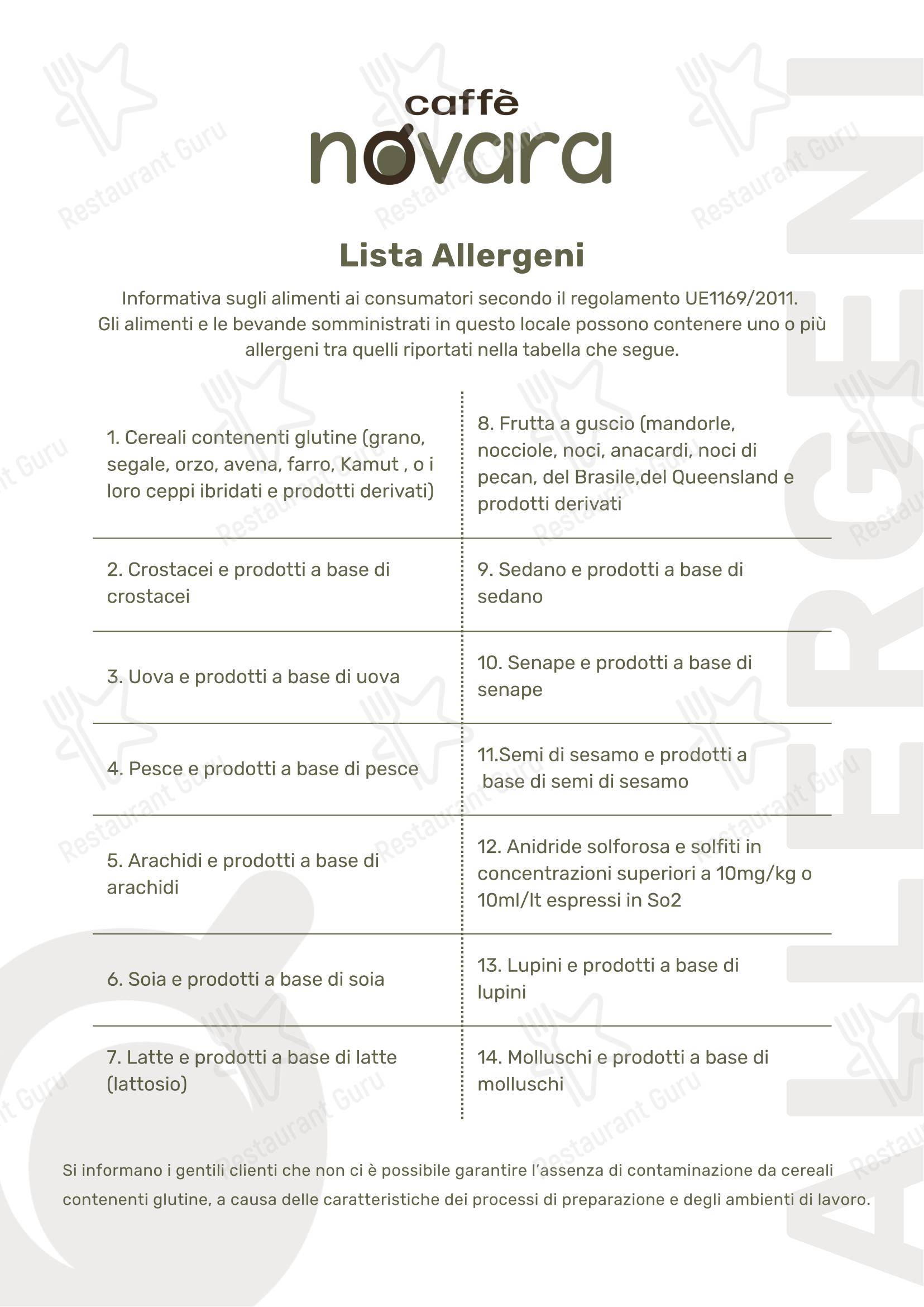 Меню паба и бара Caffè Novara