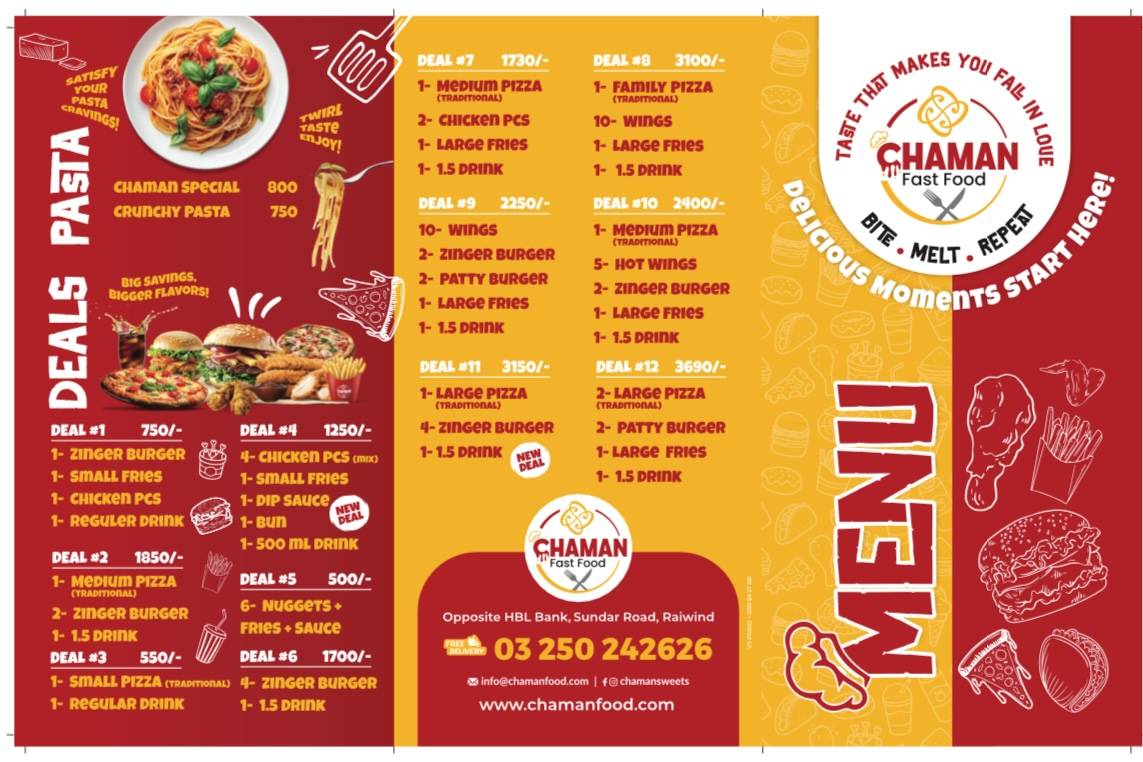 Chaman sweets bakers & fast food меню