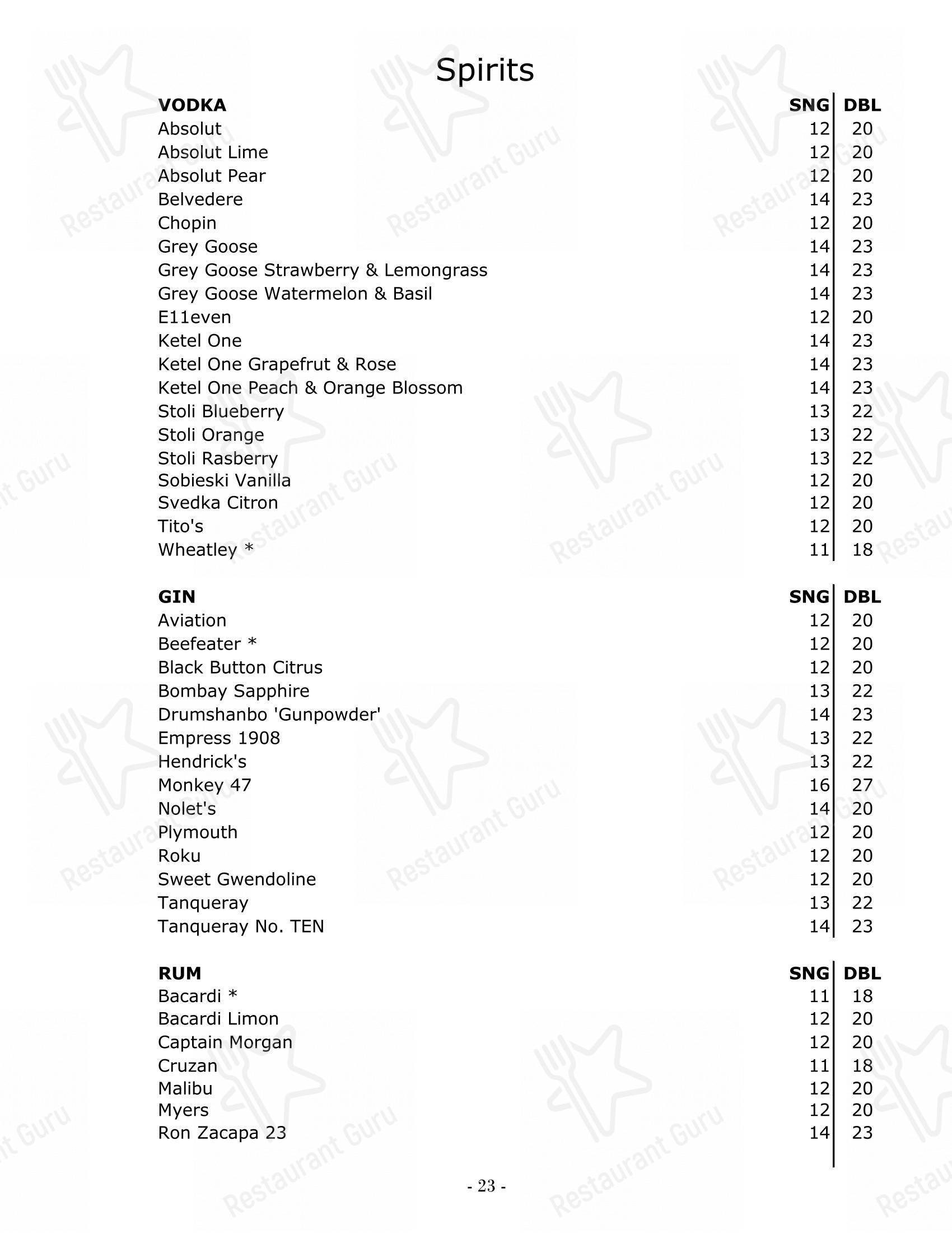 Меню паба и бара Char Steak & Lounge - Menu bistro