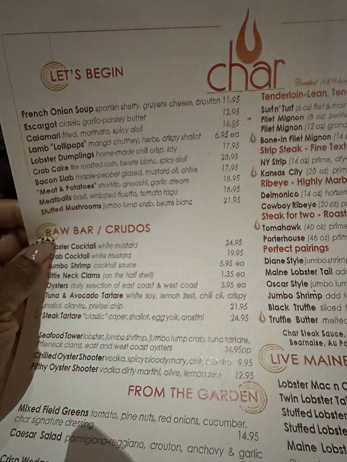 Char Steakhouse меню