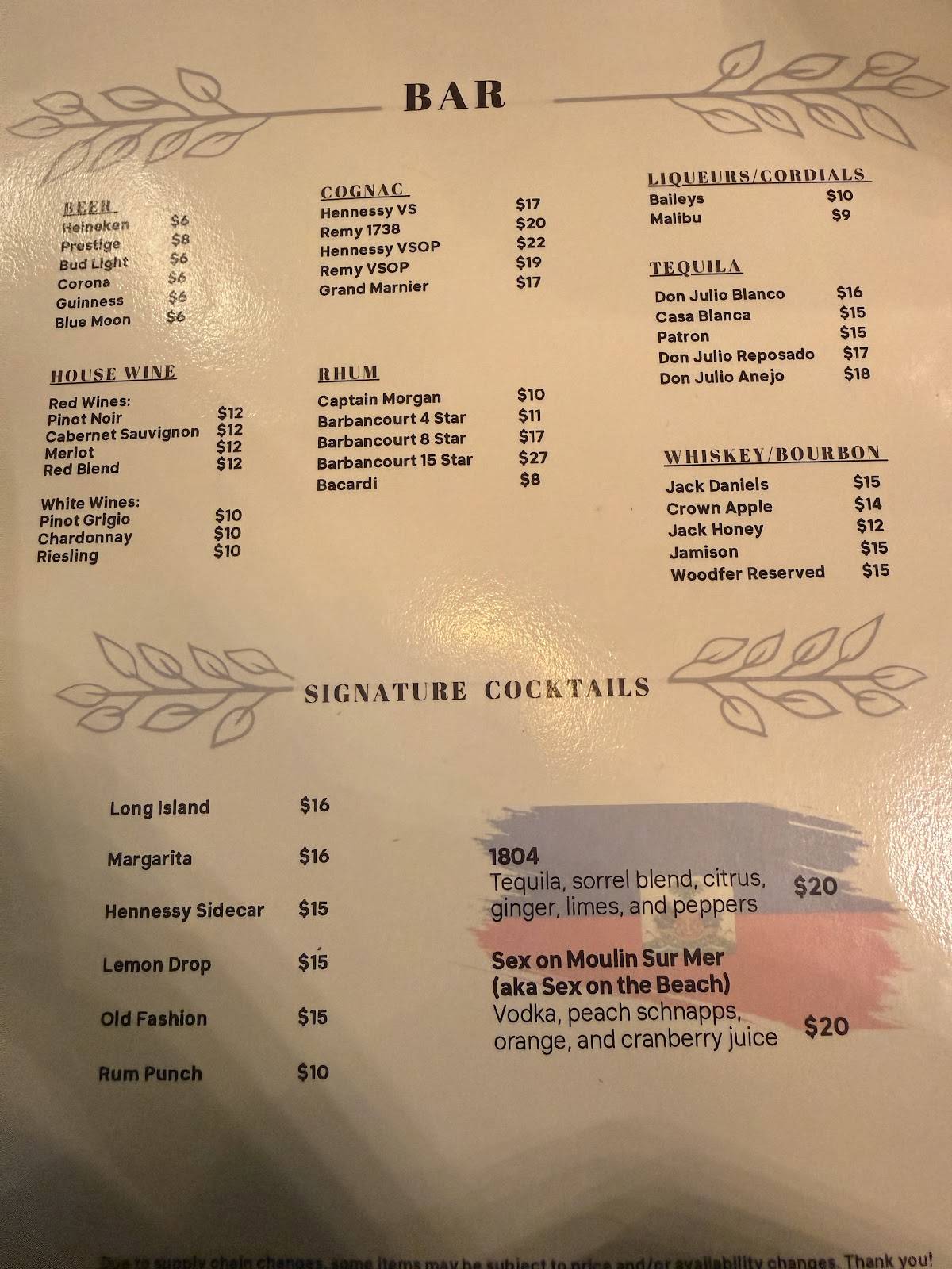 Chez Aviole меню