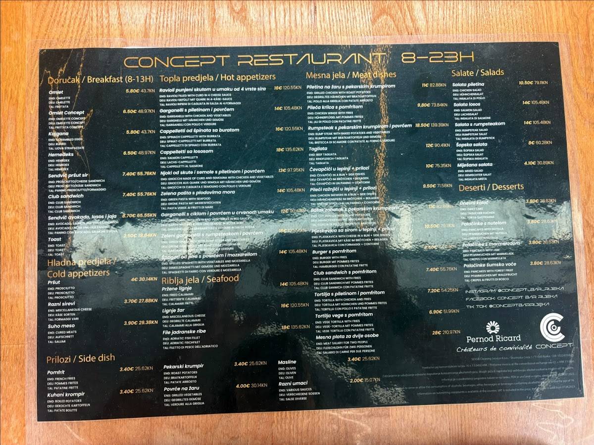 Concept Restaurant&Bar Rijeka меню