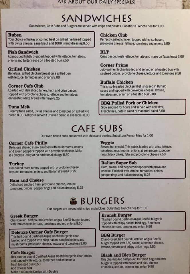 Corner Cafe Restaurant меню