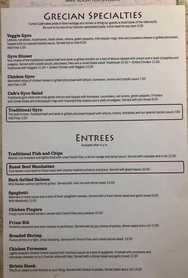 Corner Cafe Restaurant меню