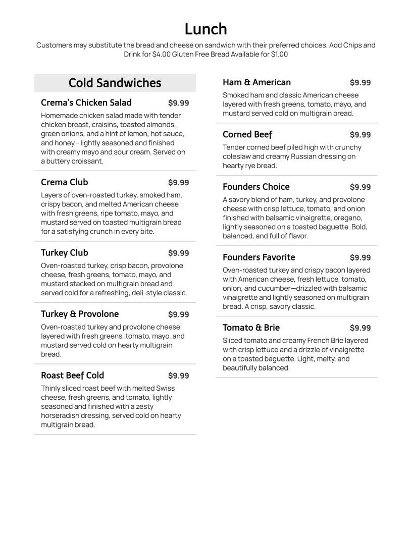 Crema Cafe' Raleigh Downtown меню