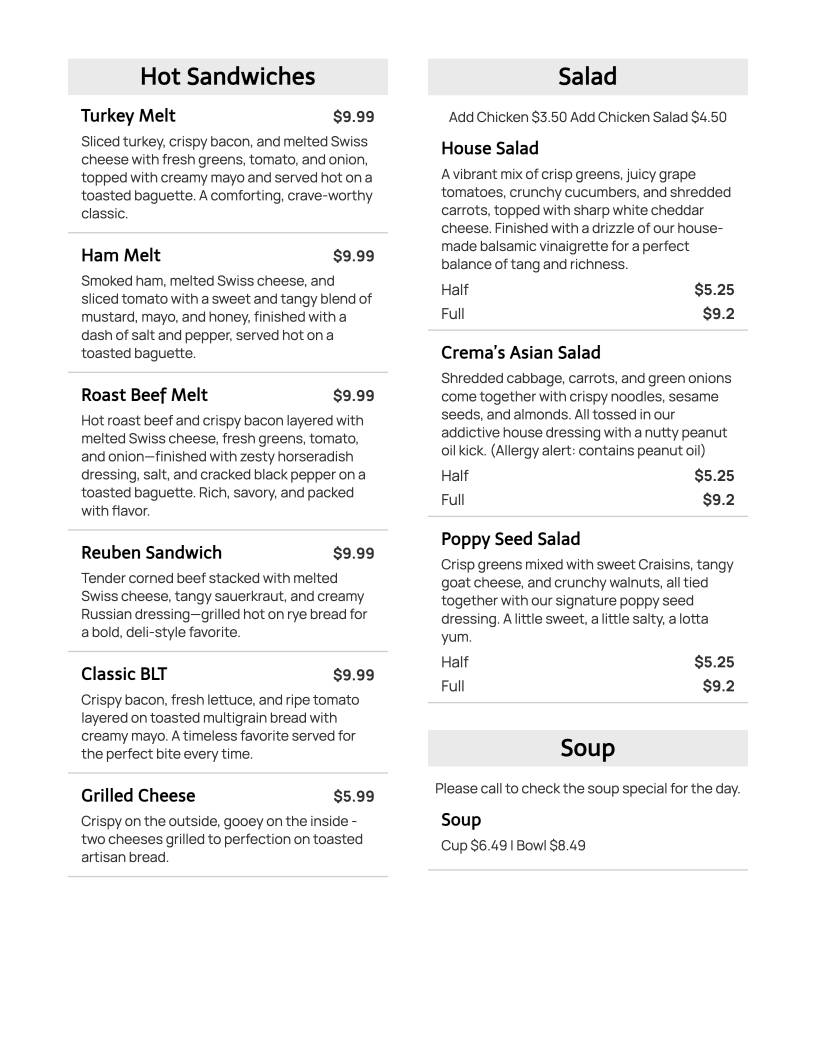 Crema Cafe' Raleigh Downtown меню