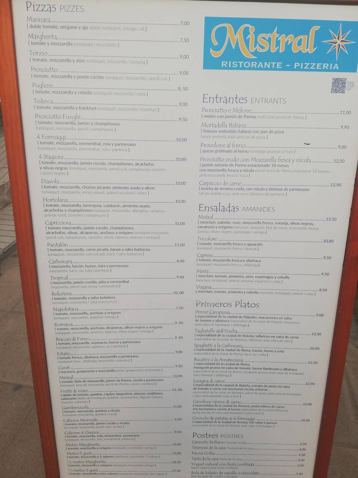 Pizzeria Ristorante Mistral меню