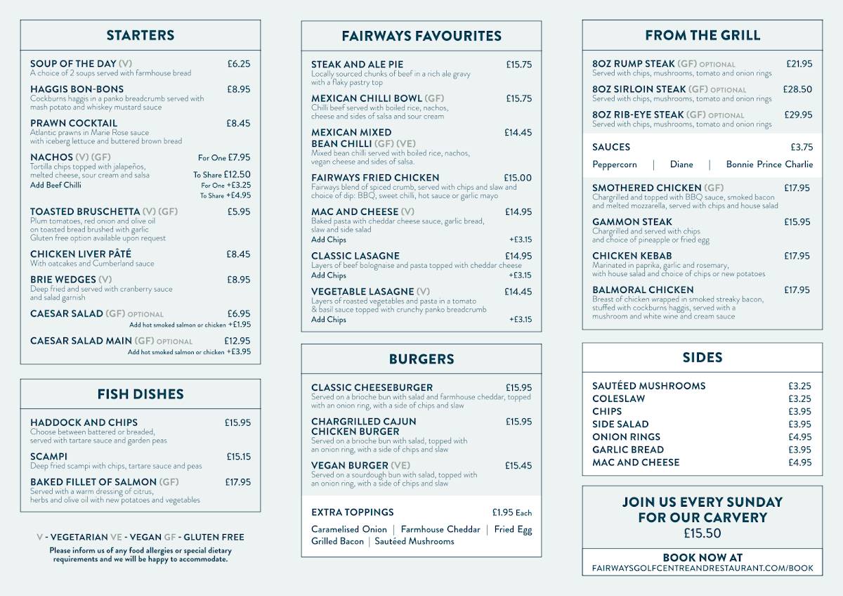 Fairways Golf Centre & Restaurant меню