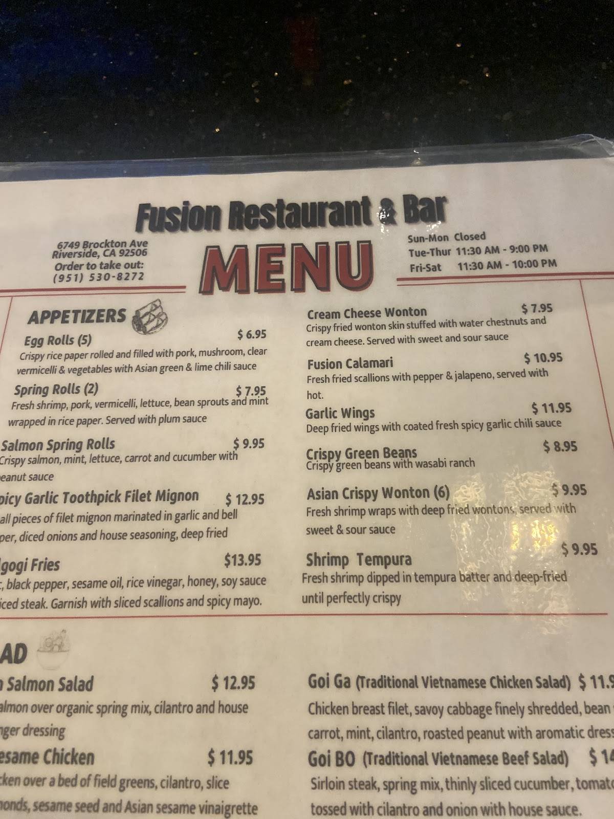 Fusion Restaurant and Bar меню