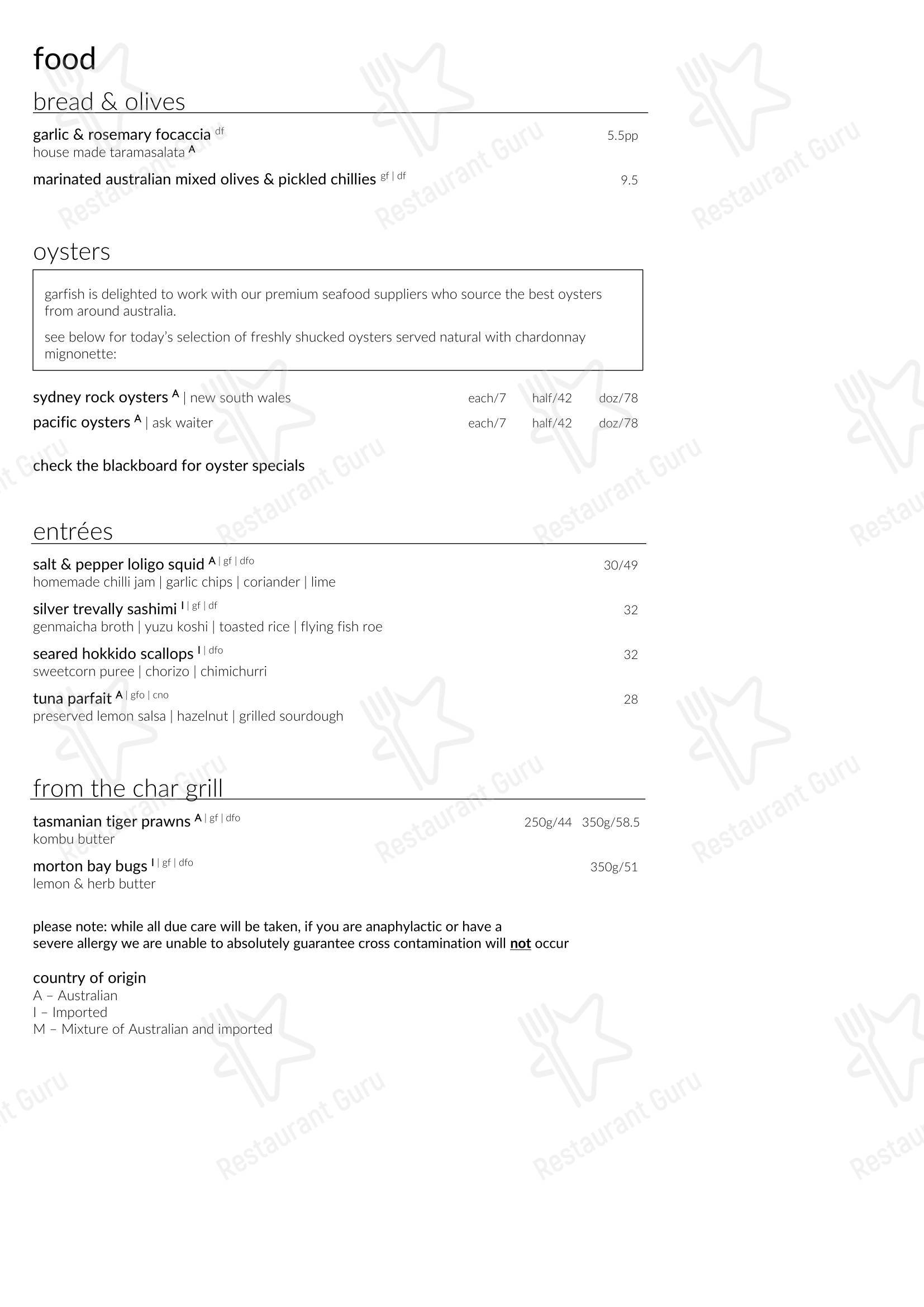 Takeaway Menu ресторана Garfish Manly в Манли