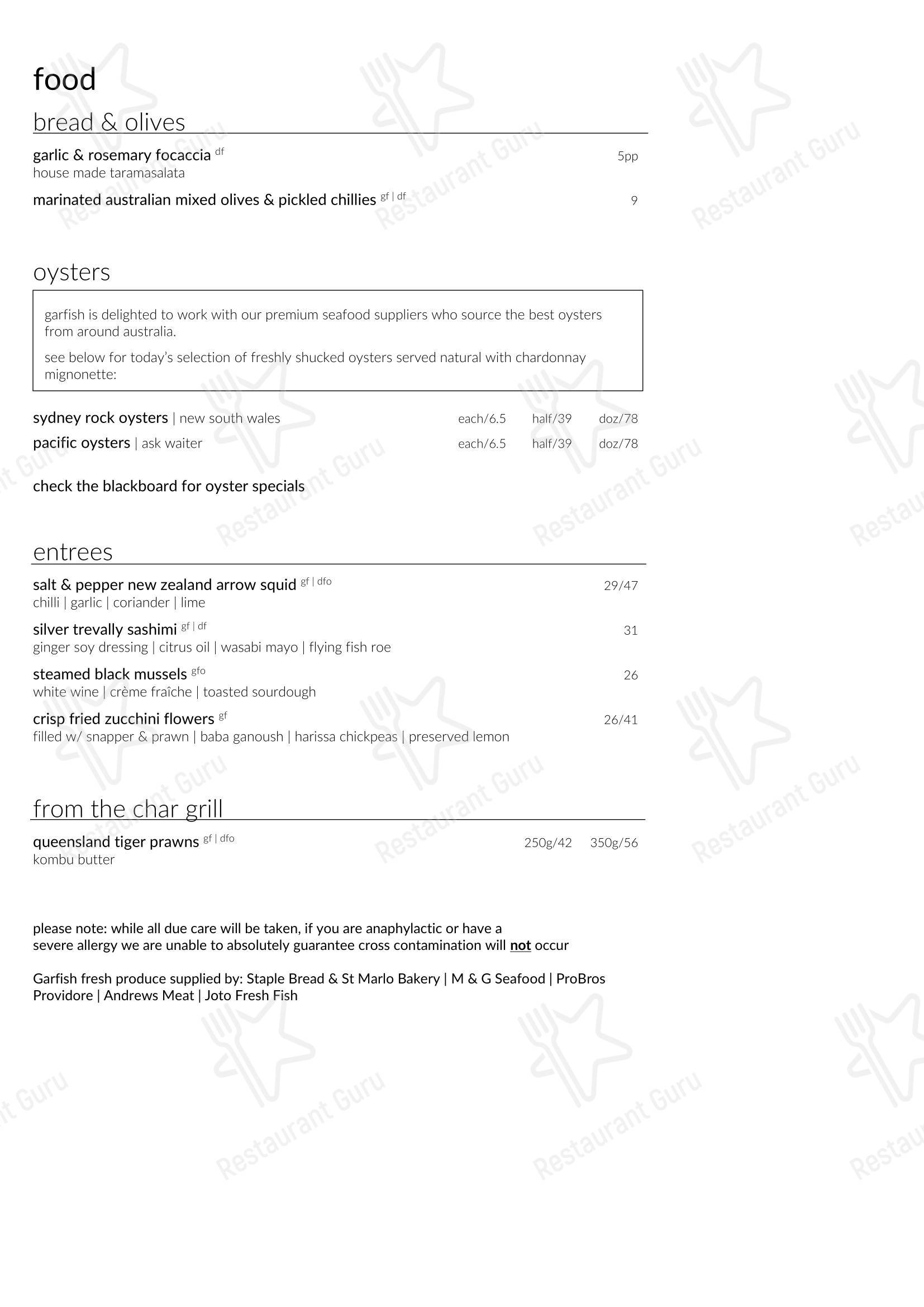 Lunch Menu ресторана Garfish Manly