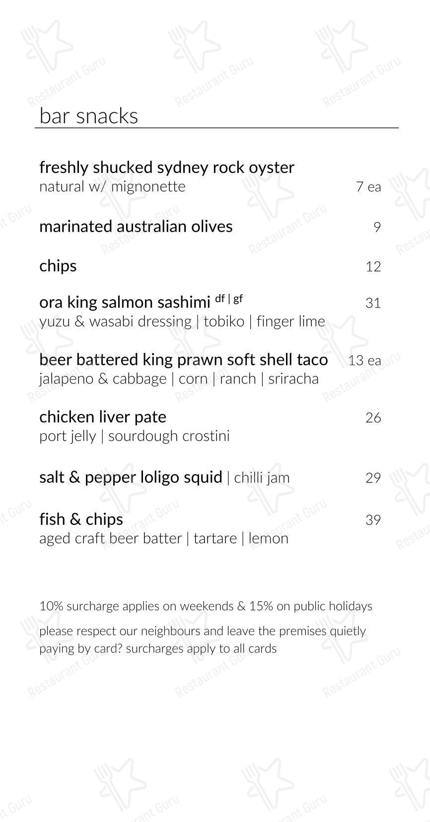 Dinner Menu ресторана Garfish Manly