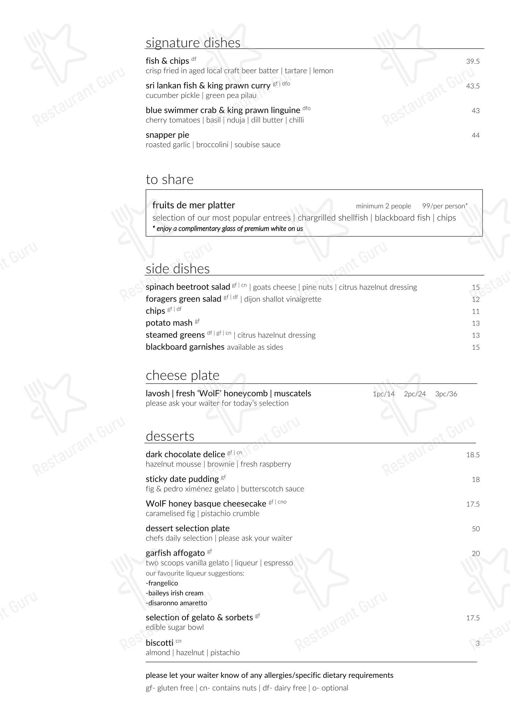 Lunch Menu ресторана Garfish Manly