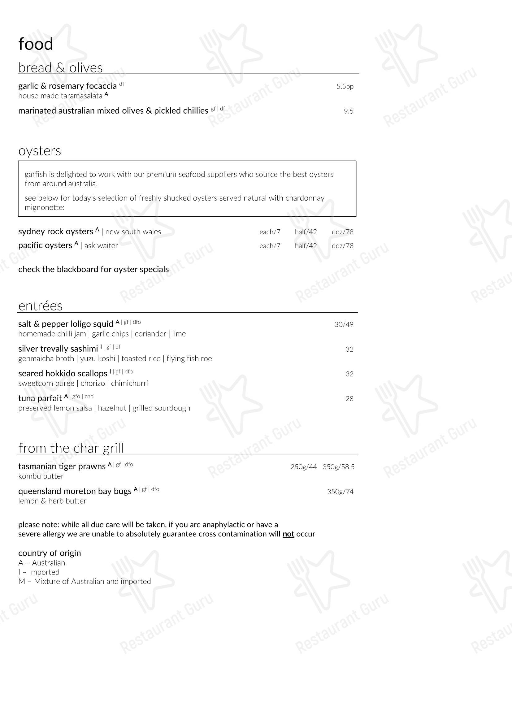 Takeaway Menu ресторана Garfish Manly