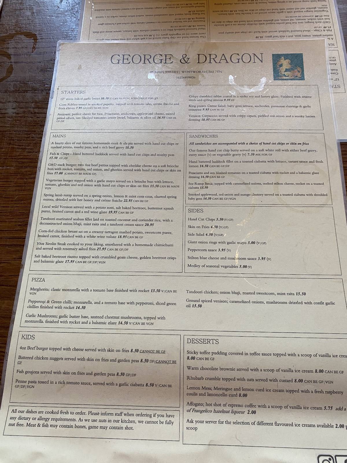 George & Dragon меню