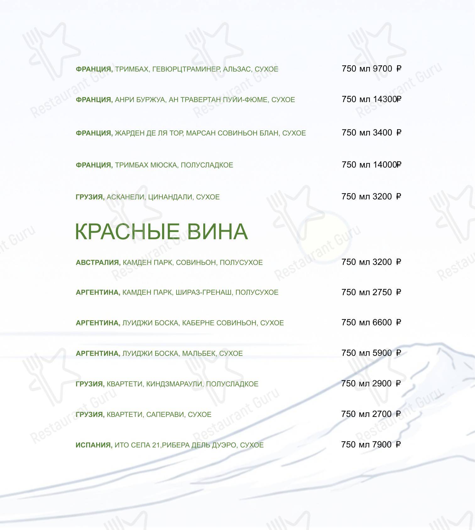 Основное меню ресторана ГринЛандия