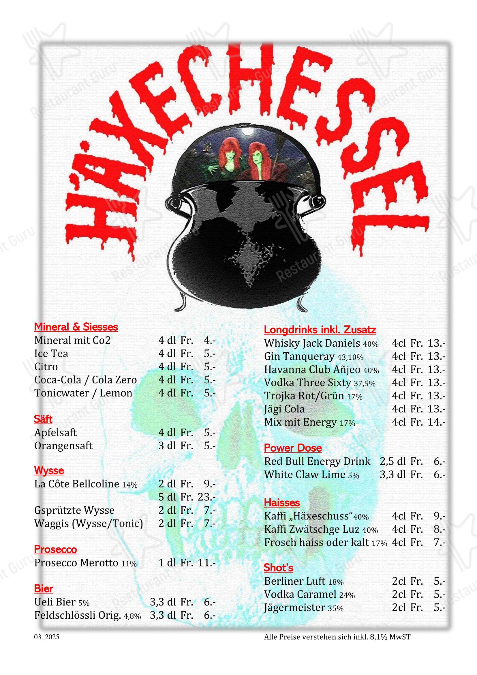 Häxechessel в Базели - Меню