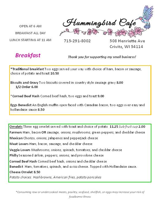 Hummingbird Cafe меню