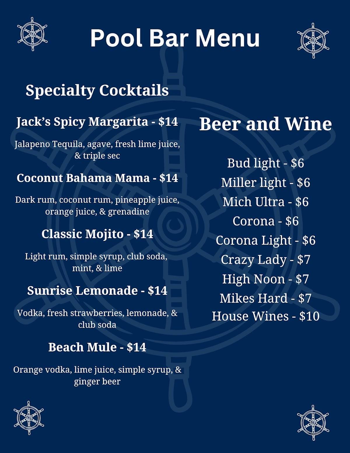 Jack's Pool Bar at LL's Test Kitchen меню