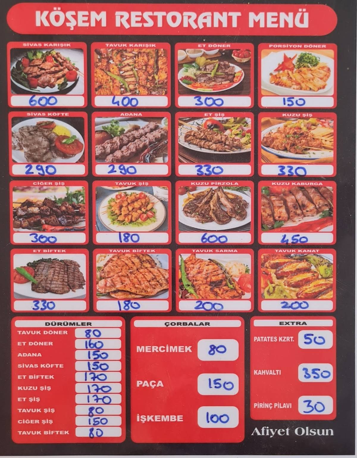KÖŞEM RESTORANT меню