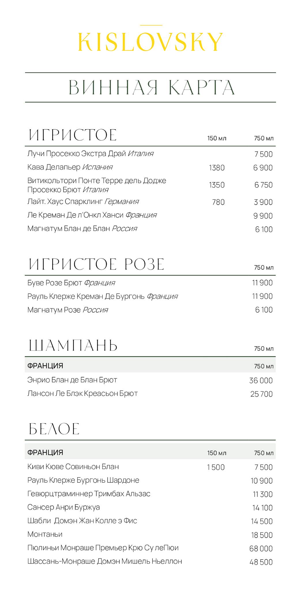 Kislovsky меню