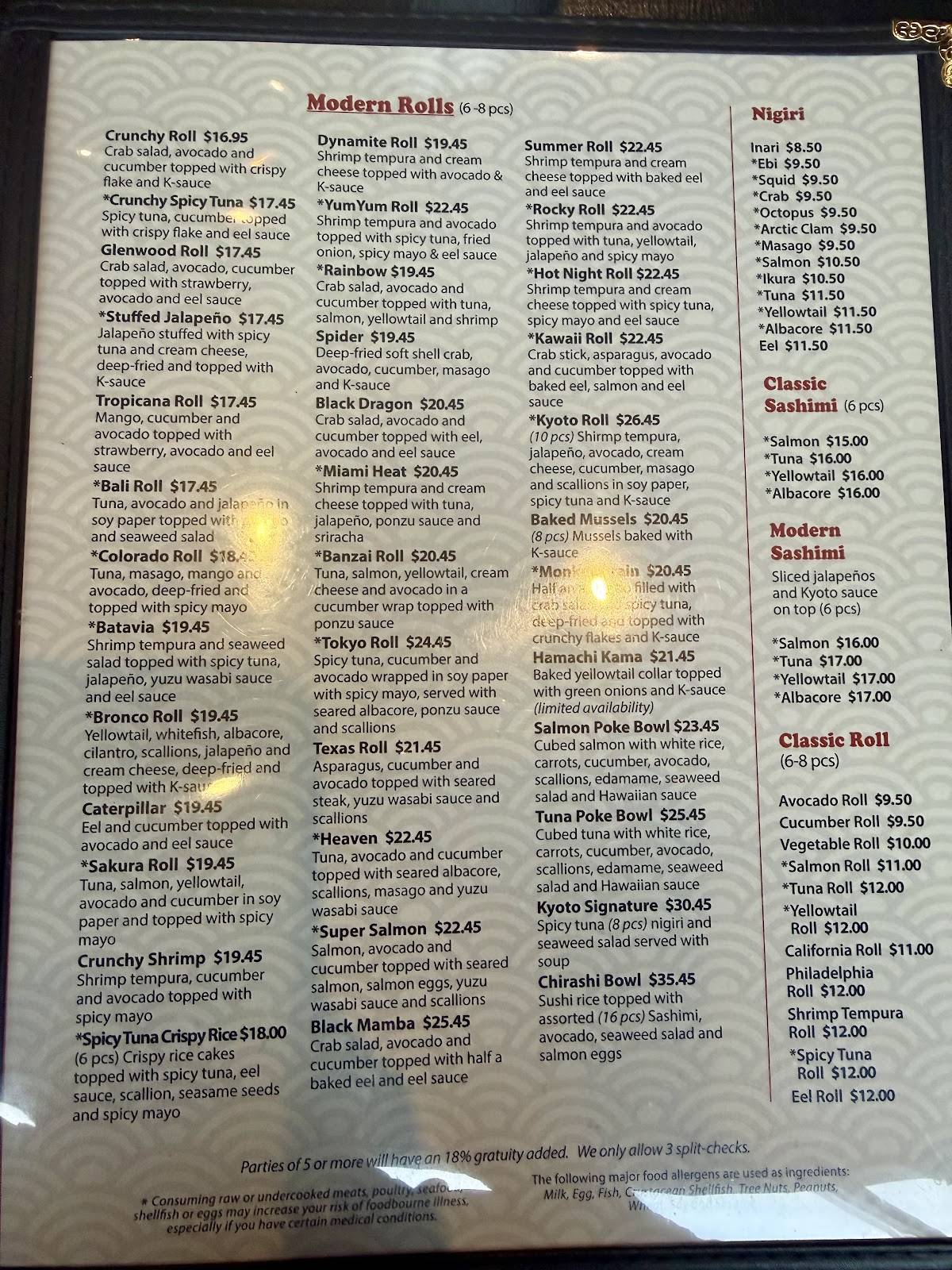 Kyoto Japanese Cuisine меню