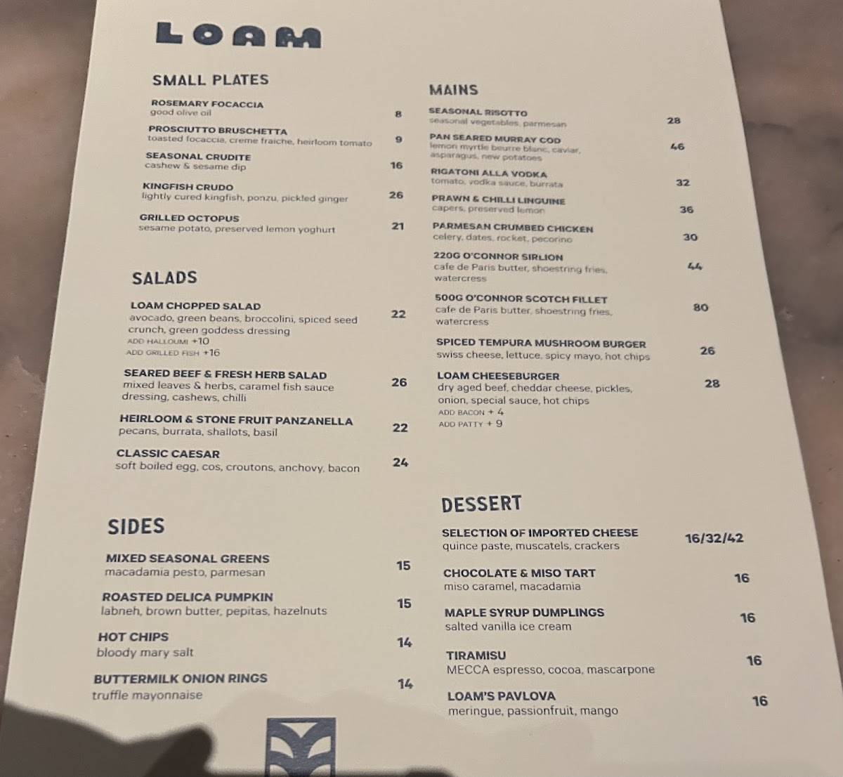 LOAM Surry Hills меню