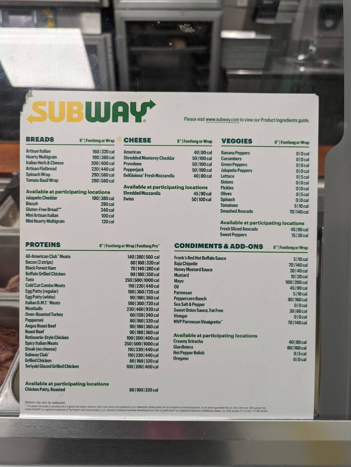 Subway меню