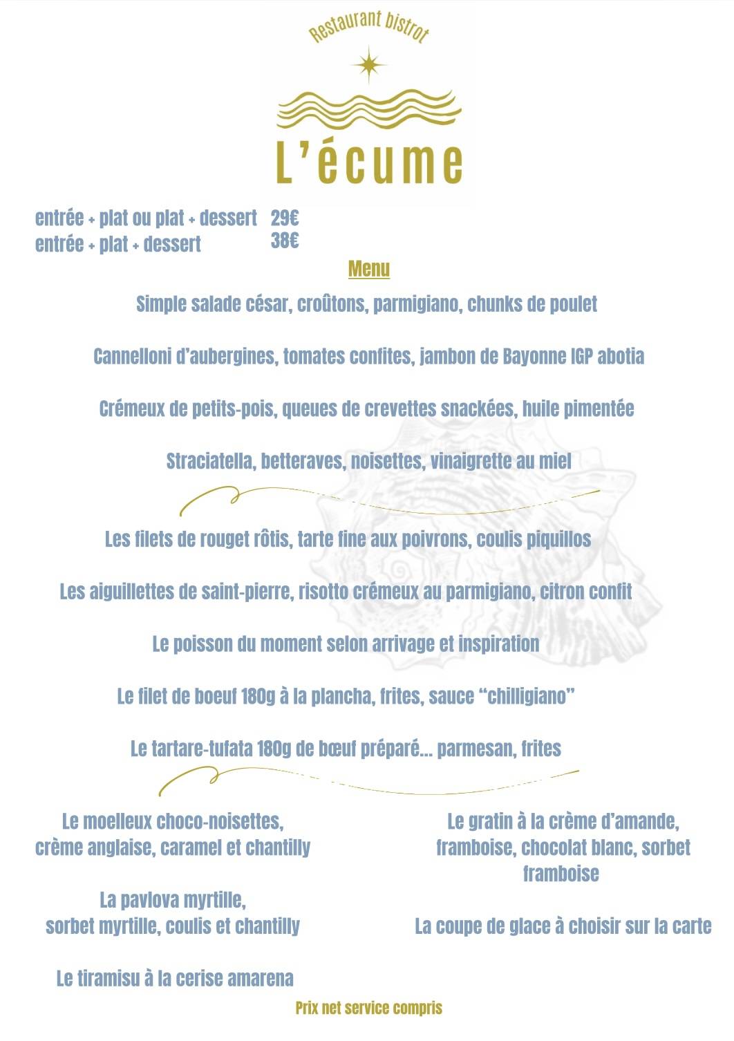 L'écume меню