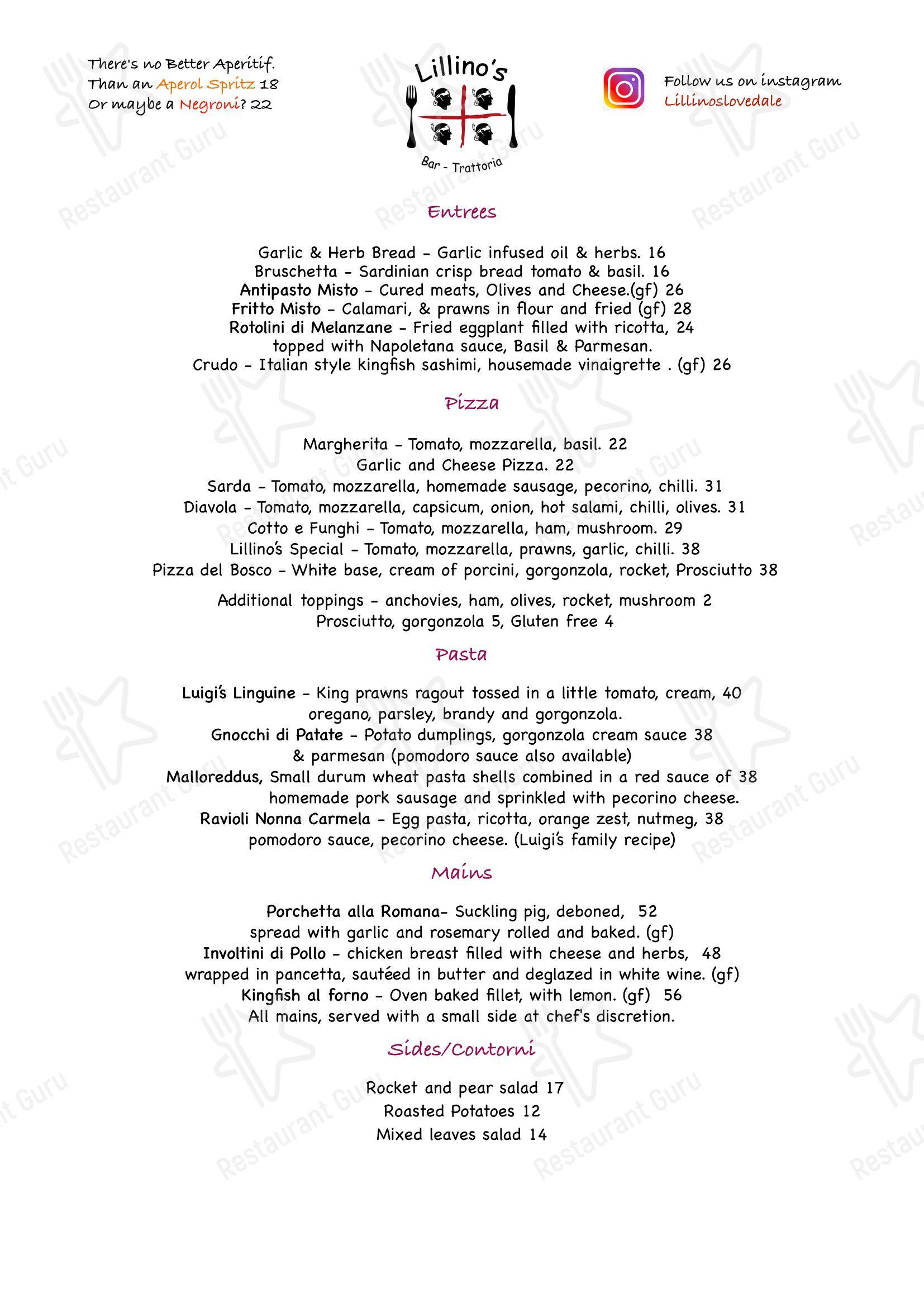 菜单 ресторана Lillino's Bar and Trattoria в Лавдейле