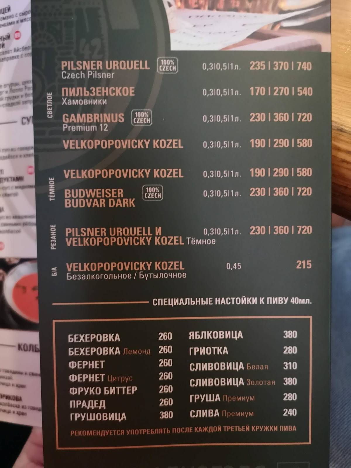 Пилзнер меню