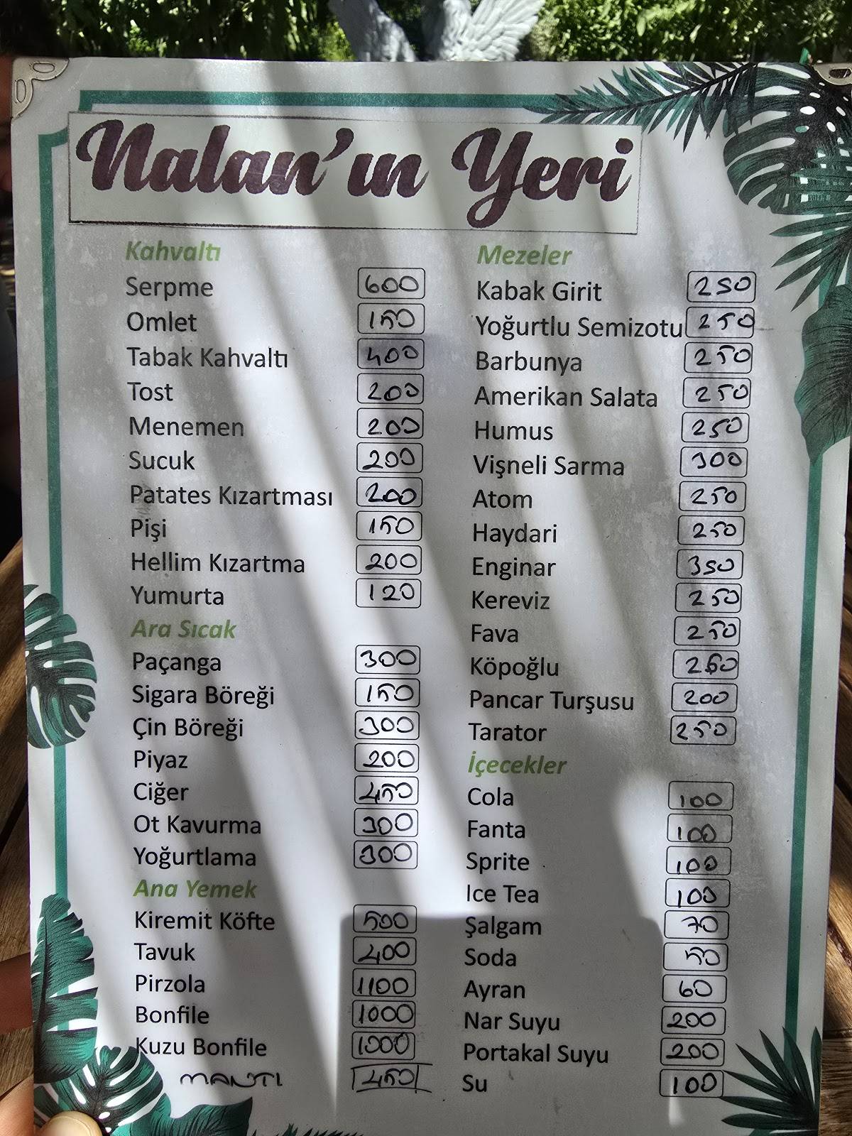 Nalanın Yeri меню
