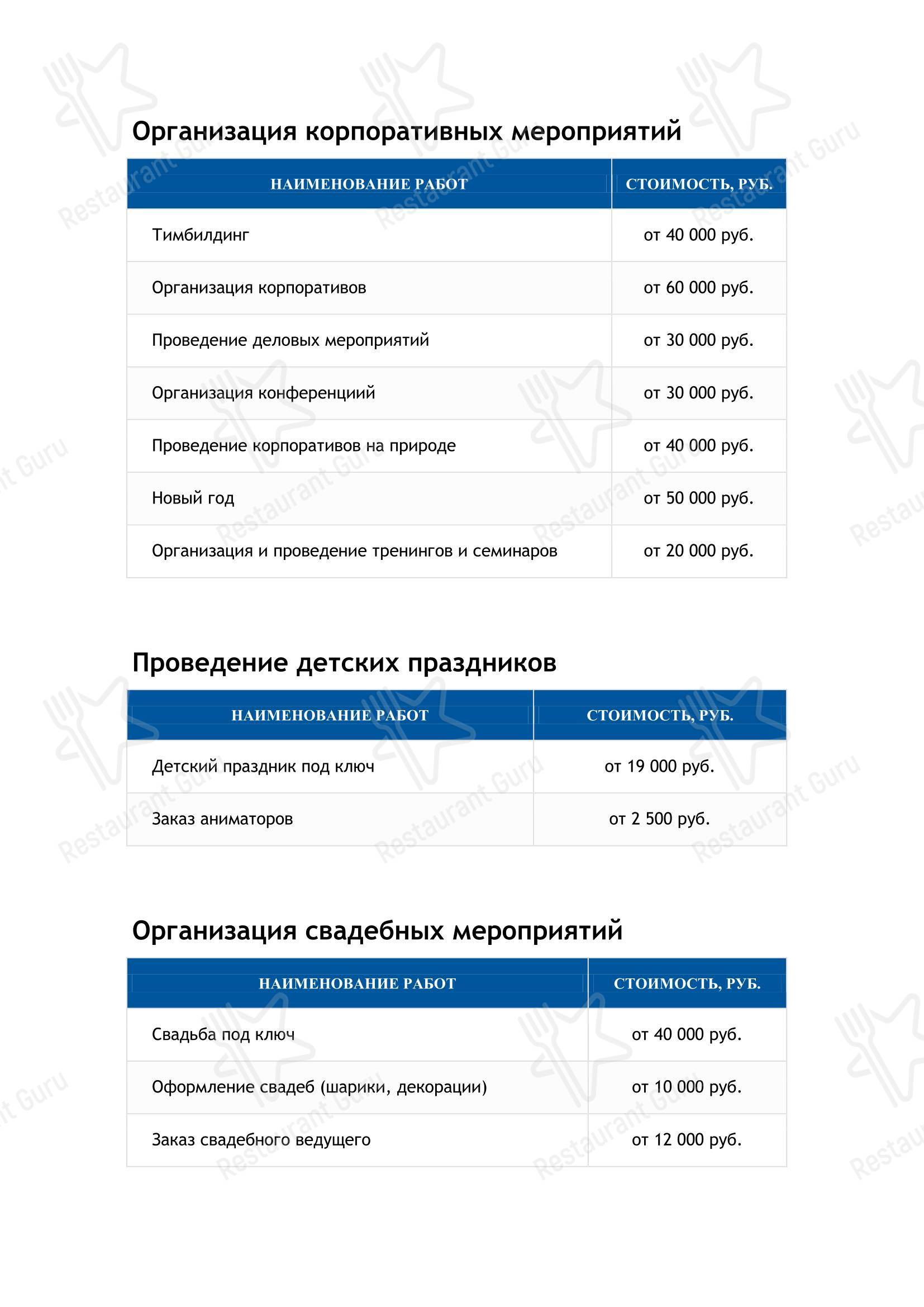 Меню кафе Небеса - Меню