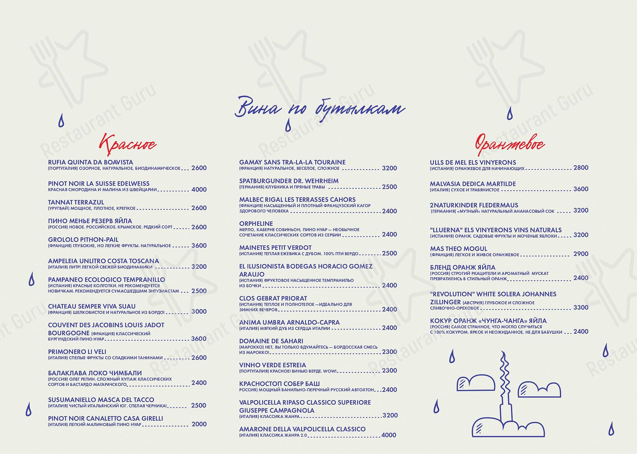 Меню паба и бара Небо и вино - Ночное меню
