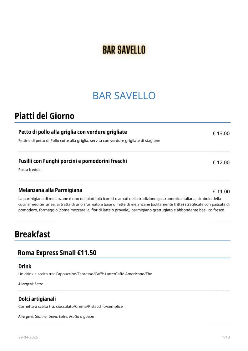 Nuovo Bar Savello меню