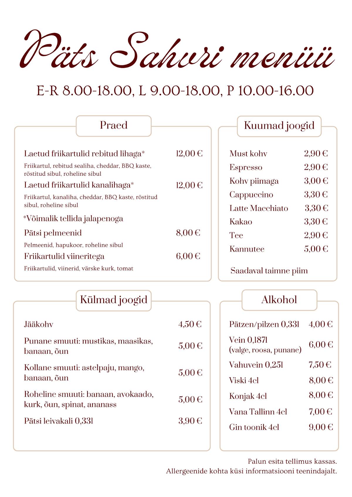 Päts sahver меню