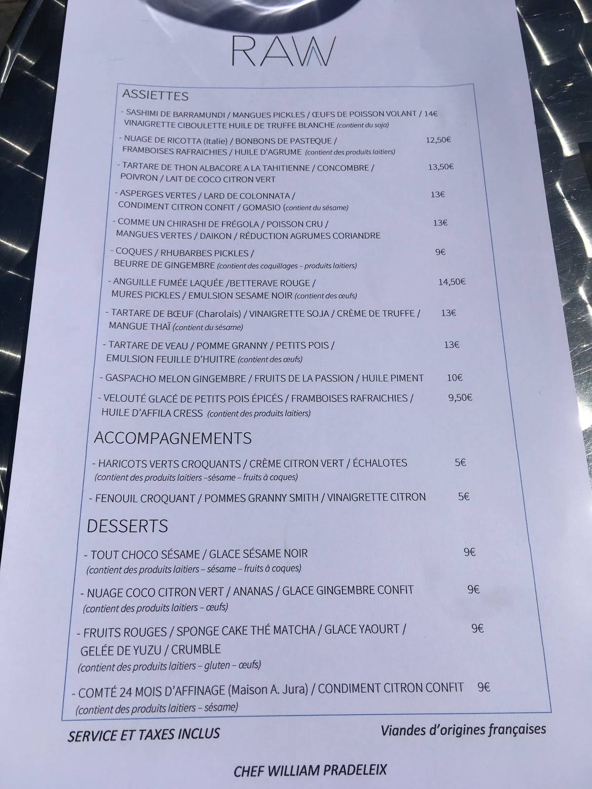 RAW restaurant меню