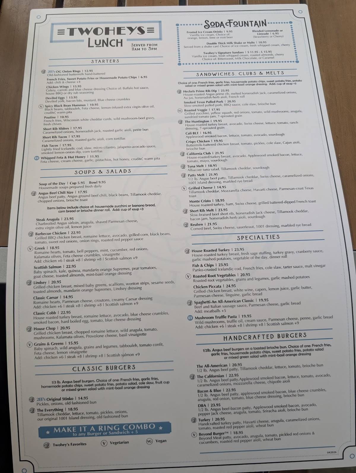 Twohey's Restaurant меню